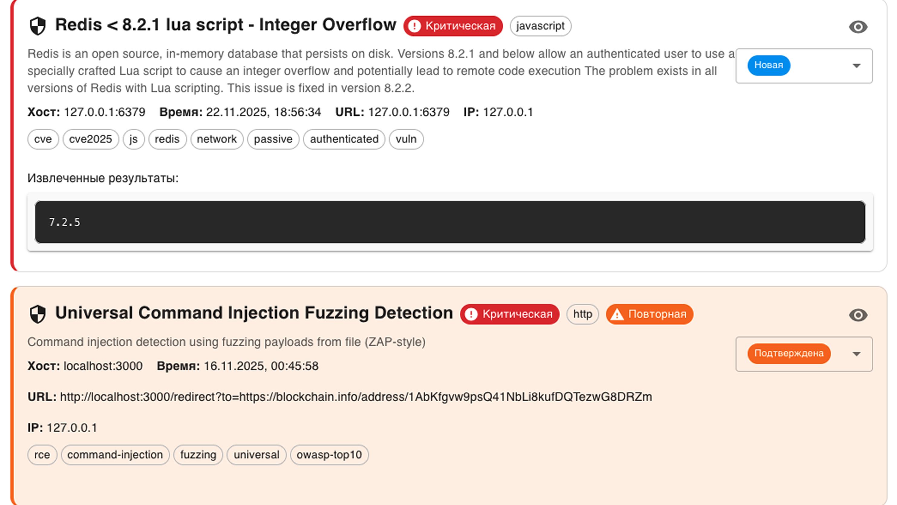 Список уязвимостей в Scannery VM